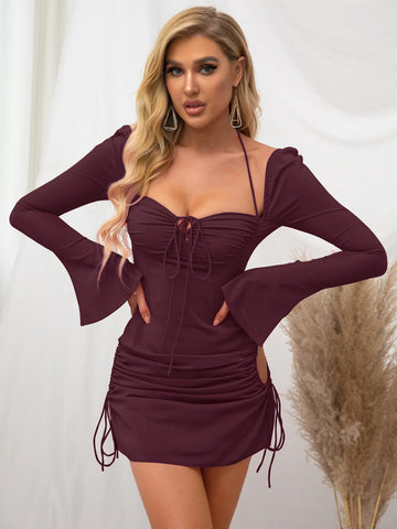 Flare Sleeve Lace Up Mini Dress