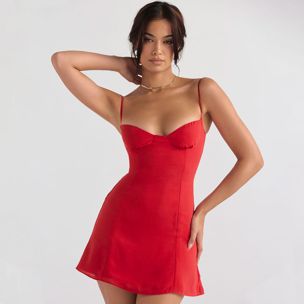 Flattering Spaghetti Strap Sweetheart Neck Slip Party Mini Dress - Red