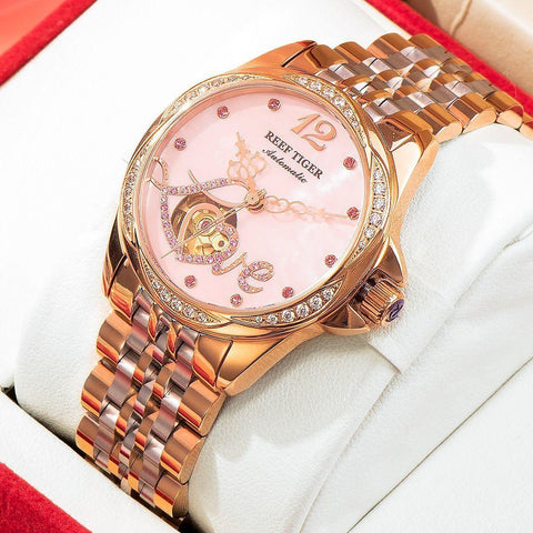 Flower Love Heart Simple Watches For GSCW1659 Rose Golden Band