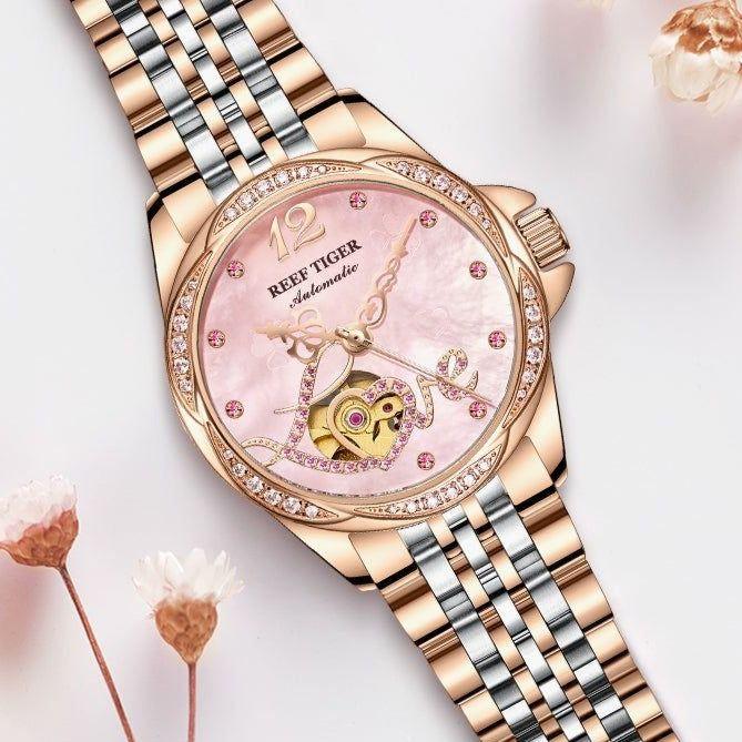 Flower Love Heart Simple Watches For GSCW1659 Rose Golden Band