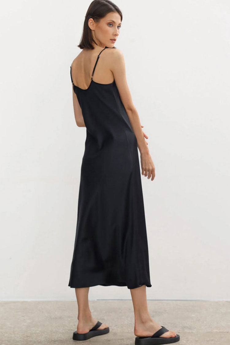 French Chic V Neck Spaghetti Strap Satin Slip Midi Dress - Black