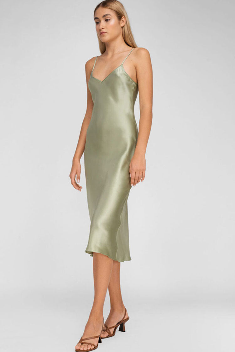 French Chic V Neck Spaghetti Strap Satin Slip Midi Dress - Light Green