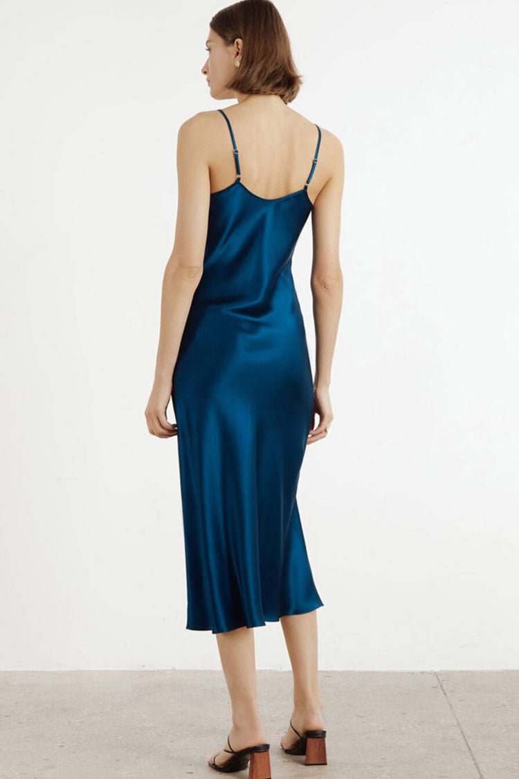 French Chic V Neck Spaghetti Strap Satin Slip Midi Dress - Navy Blue