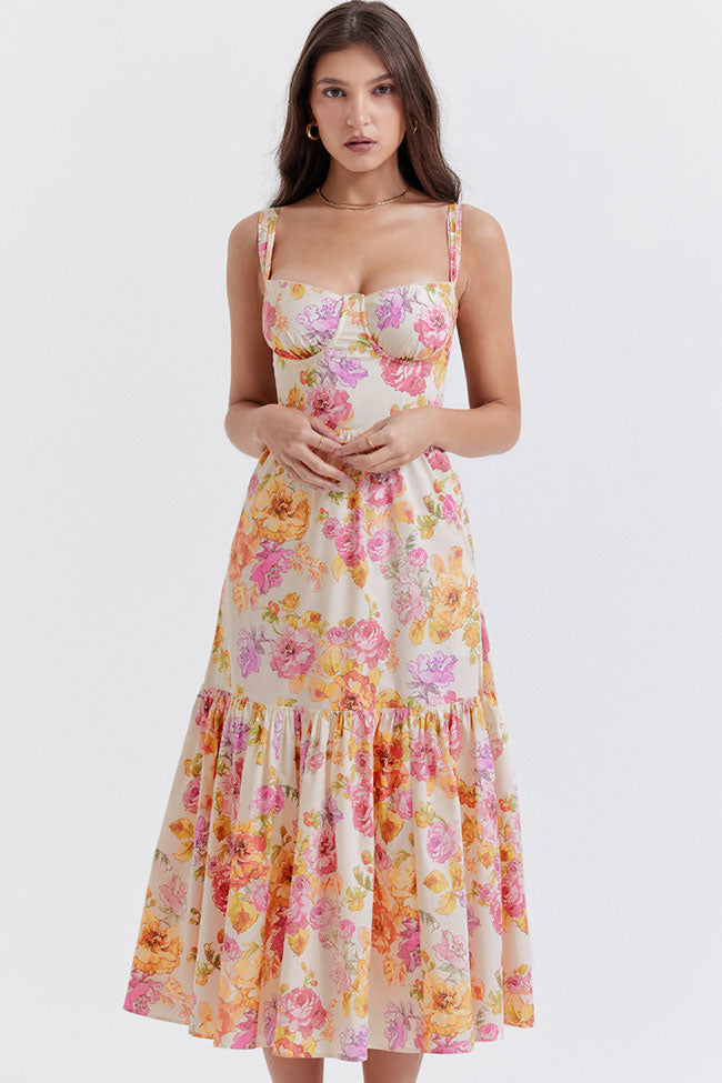 French Sweetheart Fit and Flare Ruffle Floral Printed Midi Sundress - Beige