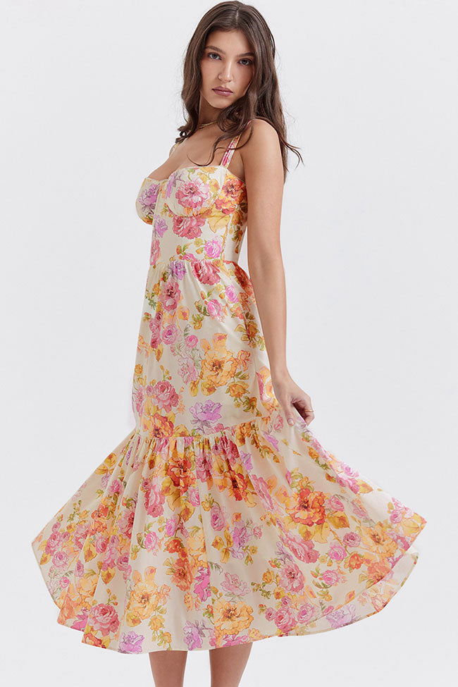 French Sweetheart Fit and Flare Ruffle Floral Printed Midi Sundress - Beige