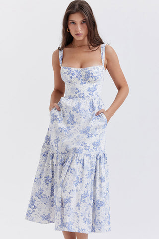 French Sweetheart Fit and Flare Ruffle Floral Printed Midi Sundress - Blue