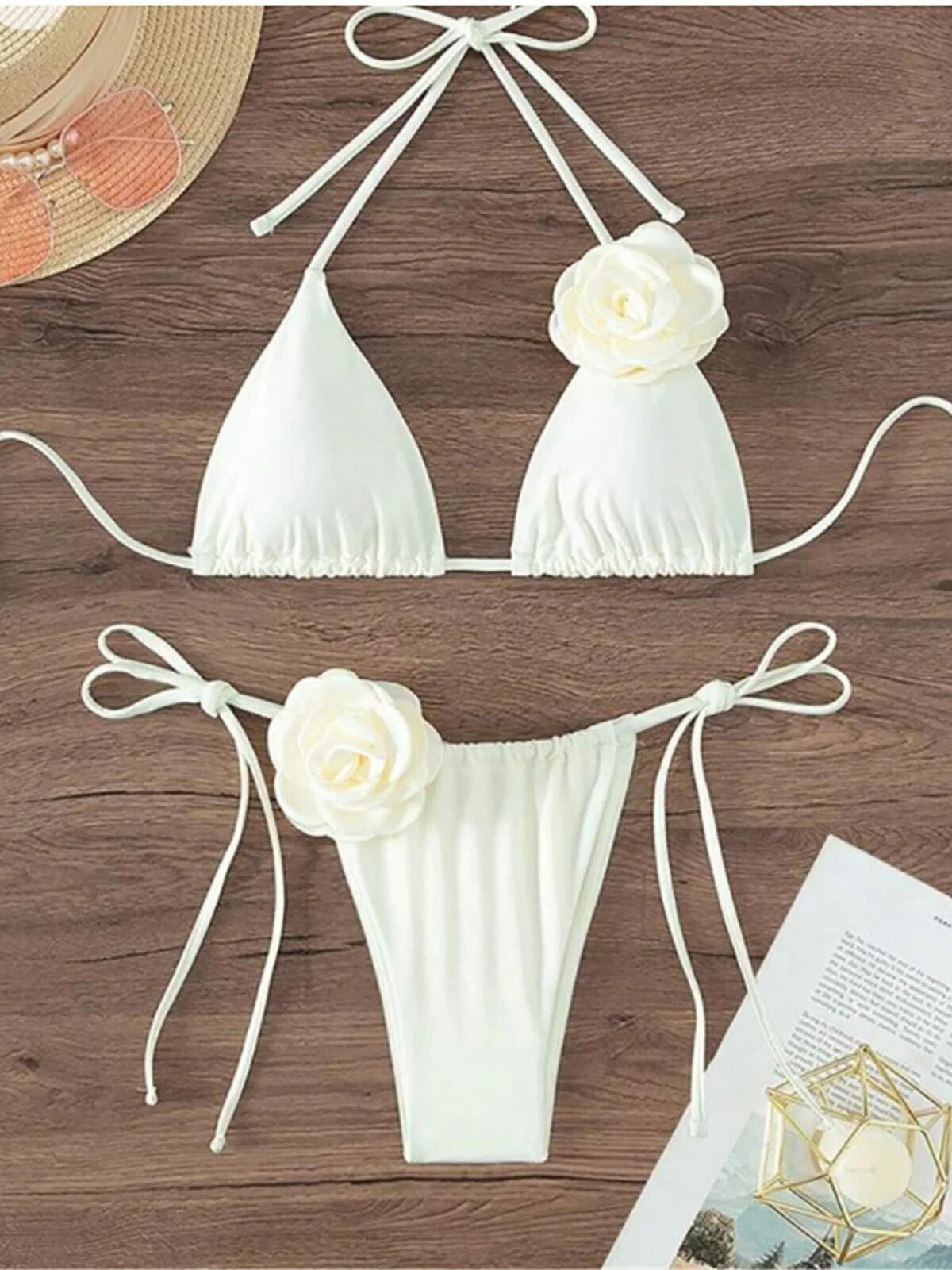 Janet 3D Flowers Halter Strappy Bikini