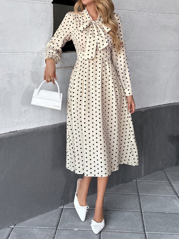Polka Dot Tie Front Long Sleeve Midi Dress