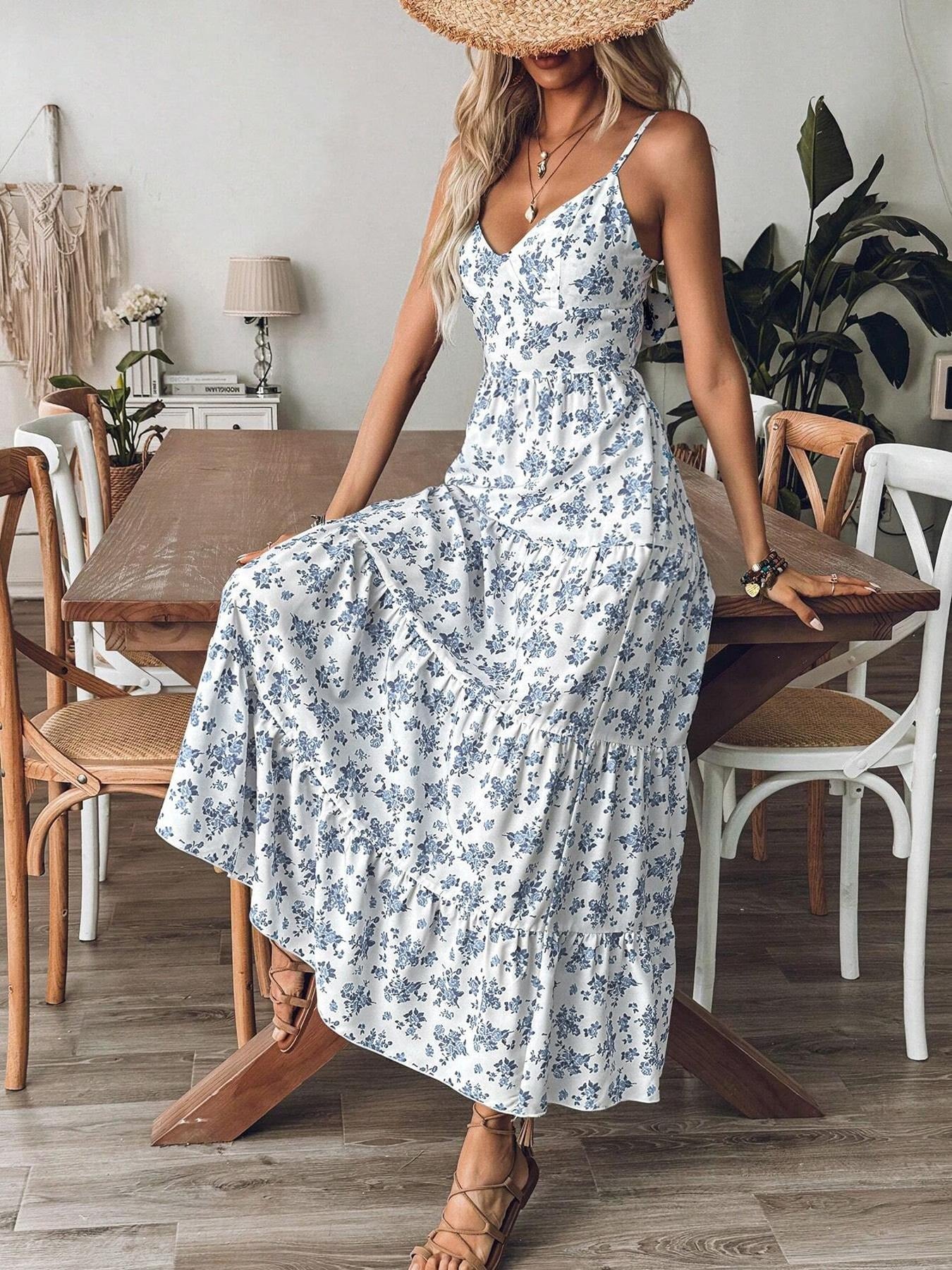 Vestido largo con volantes y estampado fruncido