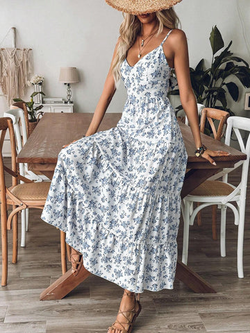 Vestido largo con volantes y estampado fruncido