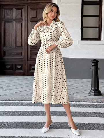 Polka Dot Tie Front Long Sleeve Midi Dress