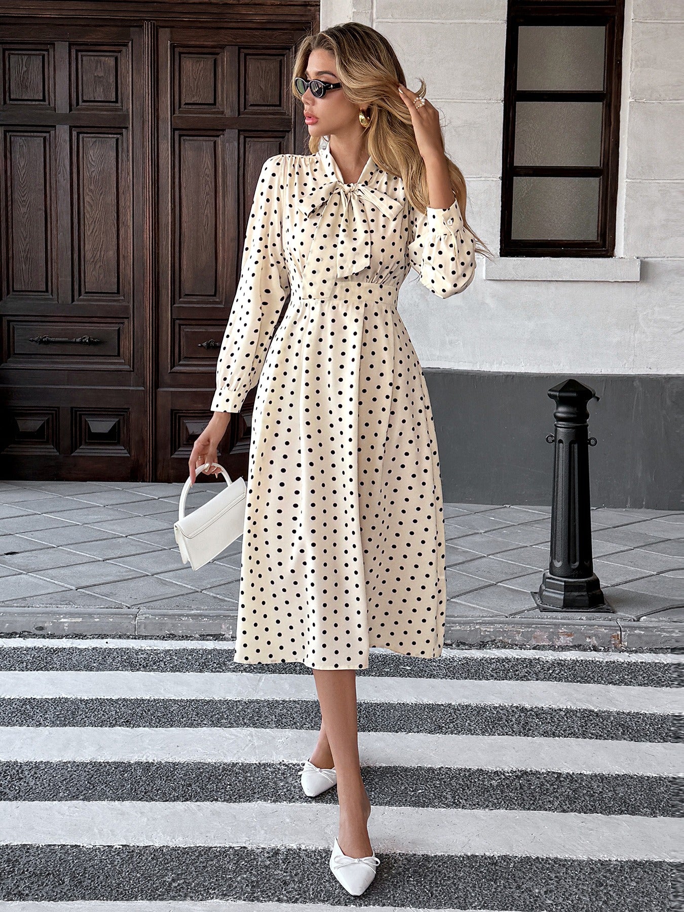 Polka Dot Tie Front Long Sleeve Midi Dress