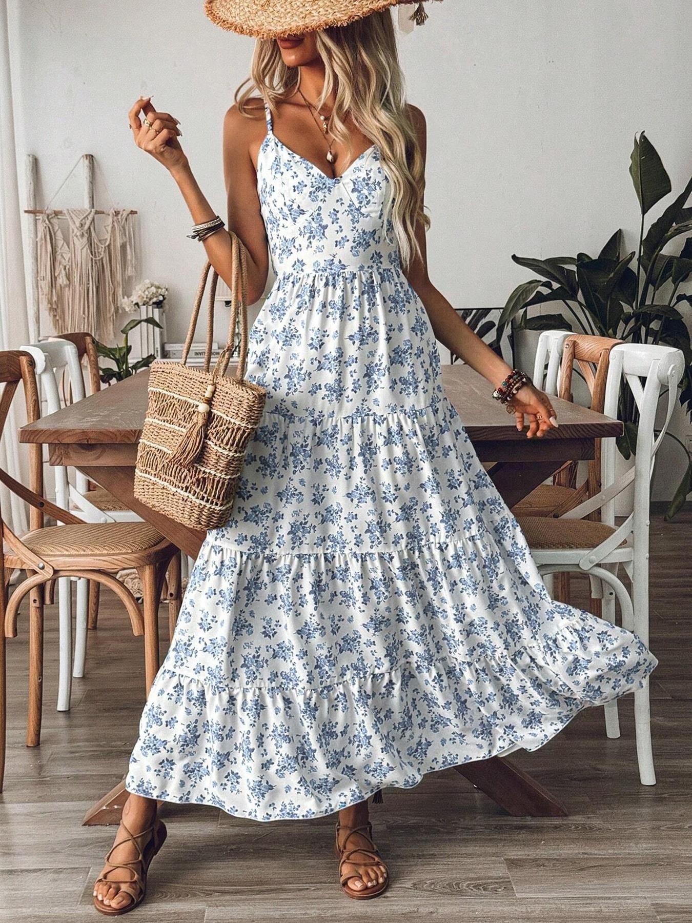 Vestido largo con volantes y estampado fruncido