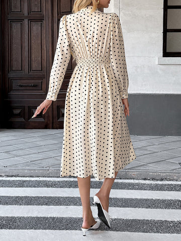 Polka Dot Tie Front Long Sleeve Midi Dress