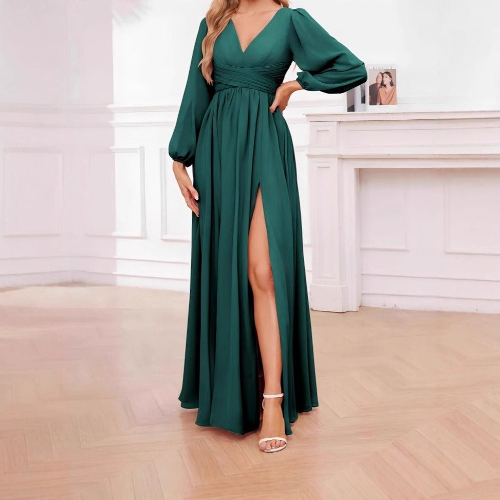 Vestido largo con cinturón, mangas abullonadas y botones