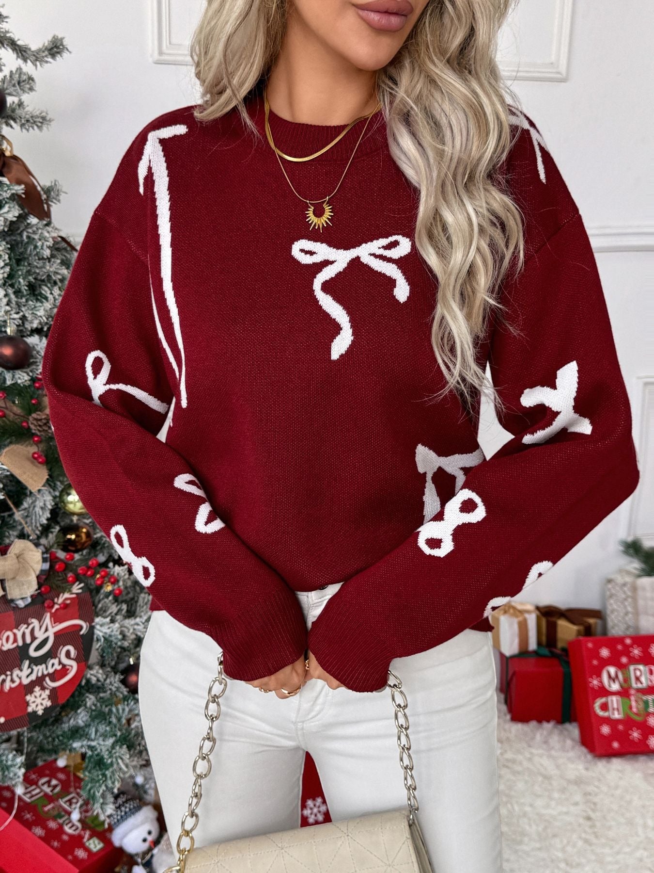 Christmas Bow Jacquard Sweater