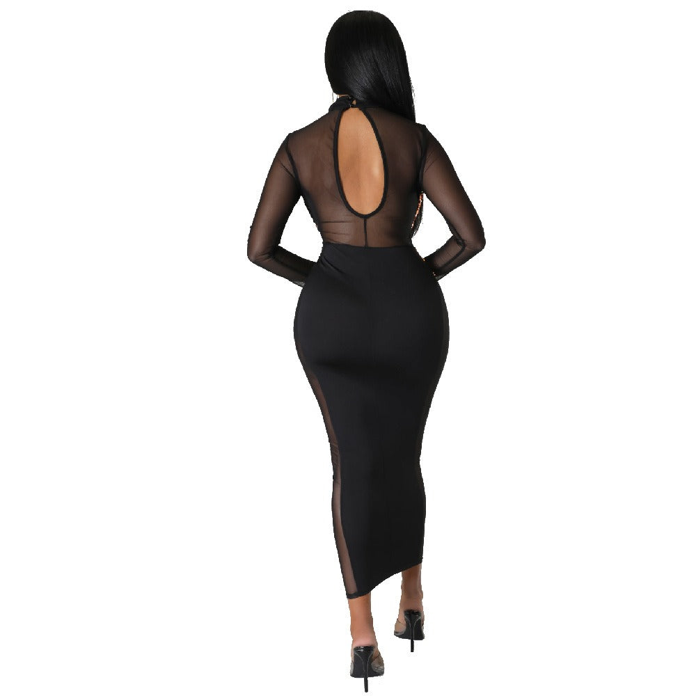 Sweetheart Neck Sequin Sleeveless Sheer Mesh Maxi Dress - Black