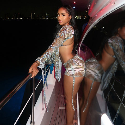 Printed Open-Back Top And Drawstring Shorts Two-Piece Set