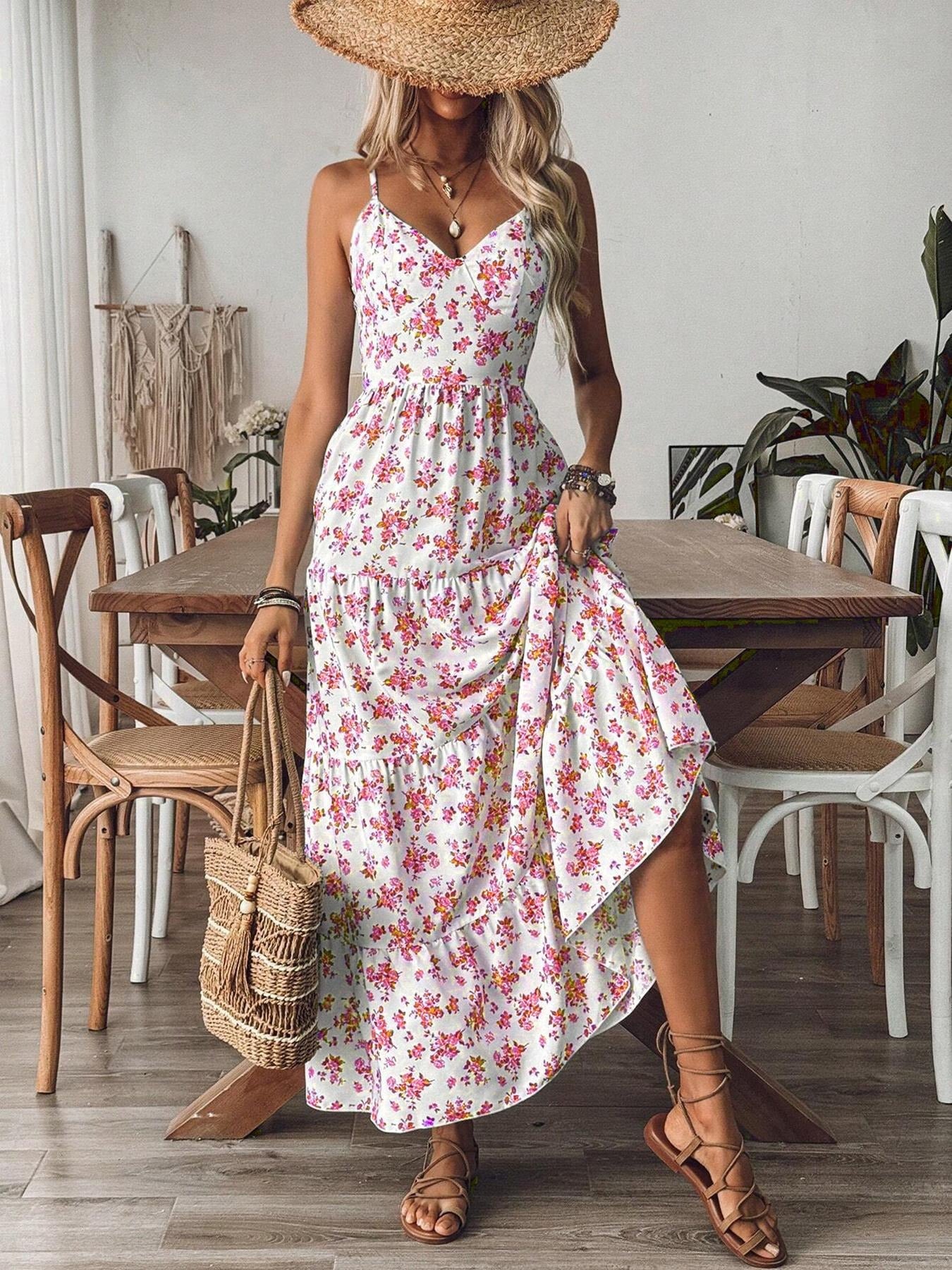 Vestido largo con volantes y estampado fruncido