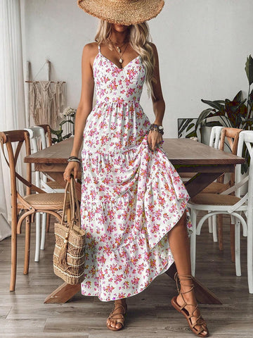 Vestido largo con volantes y estampado fruncido