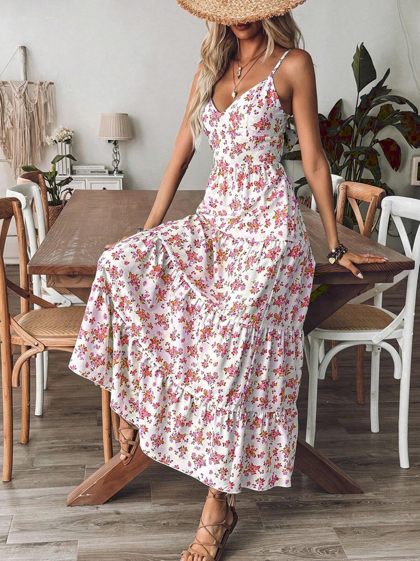 Vestido largo con volantes y estampado fruncido