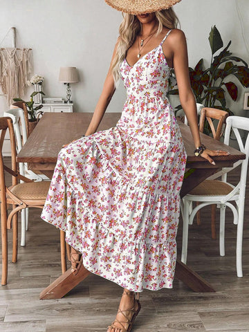 Vestido largo con volantes y estampado fruncido