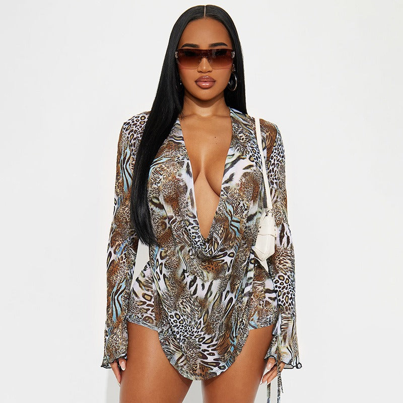 Printed Open-Back Top And Drawstring Shorts Two-Piece Set