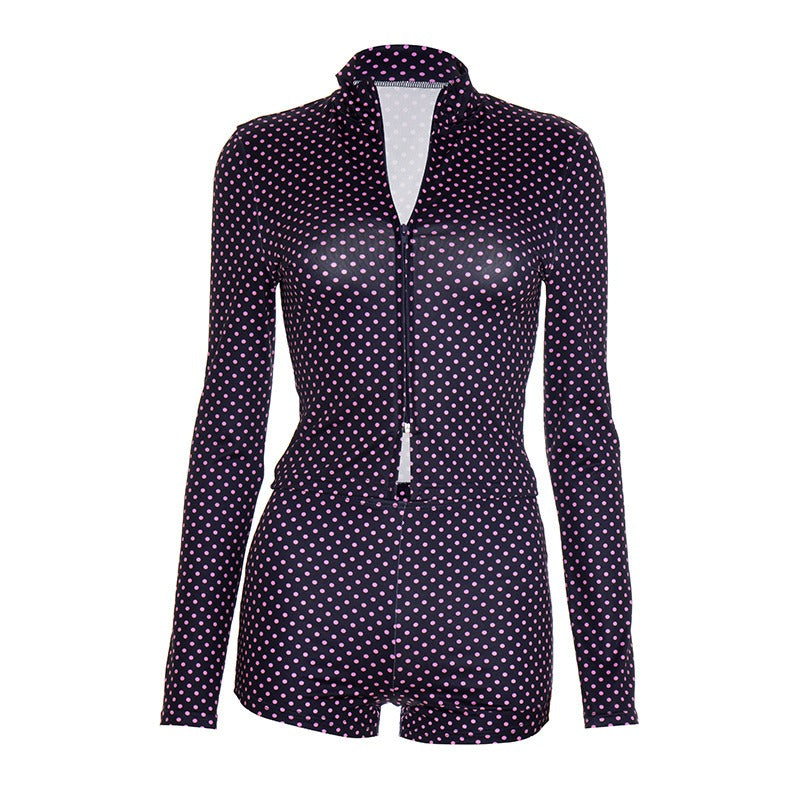 Polka Dots Zip-Up Slim-Fit Cardigan And Shorts Two-Piece Set