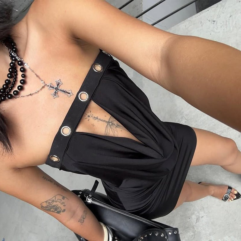 Black Hollow Out Cowl Neck Design Tube Mini Dress