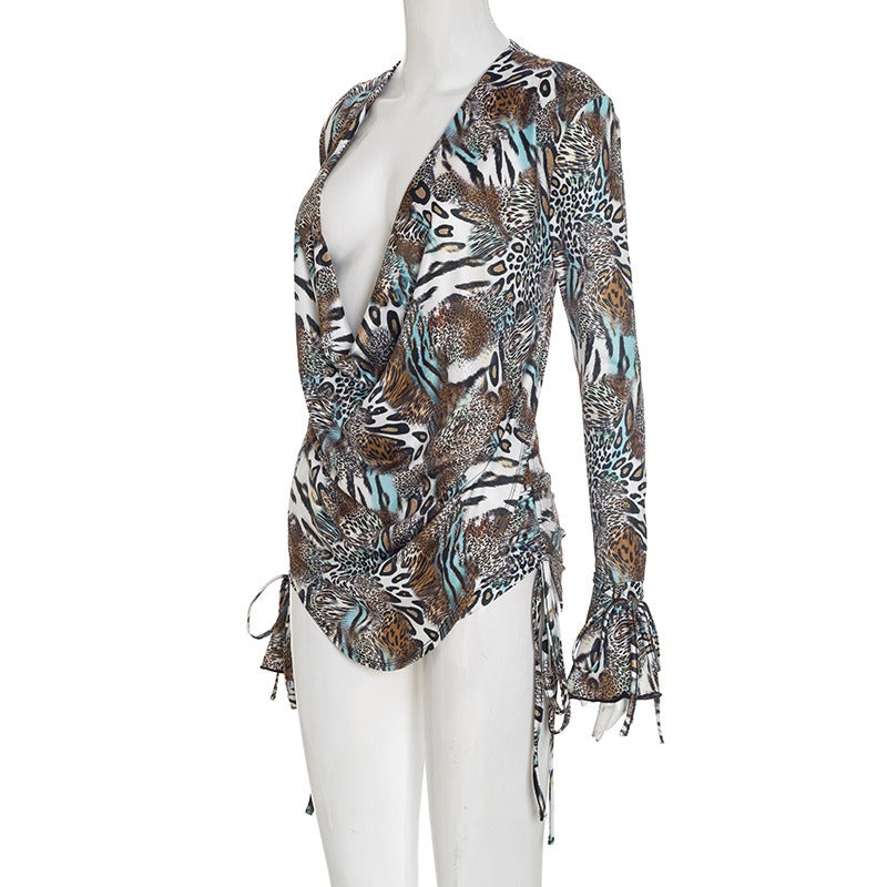 Printed Open-Back Top And Drawstring Shorts Two-Piece Set