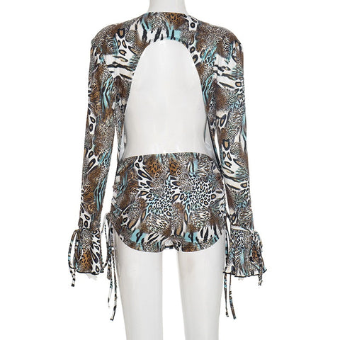 Printed Open-Back Top And Drawstring Shorts Two-Piece Set