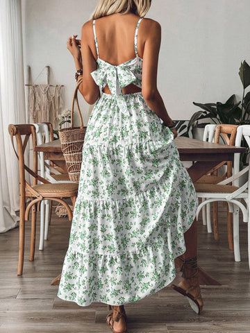 Vestido largo con volantes y estampado fruncido