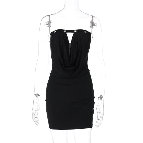 Black Hollow Out Cowl Neck Design Tube Mini Dress
