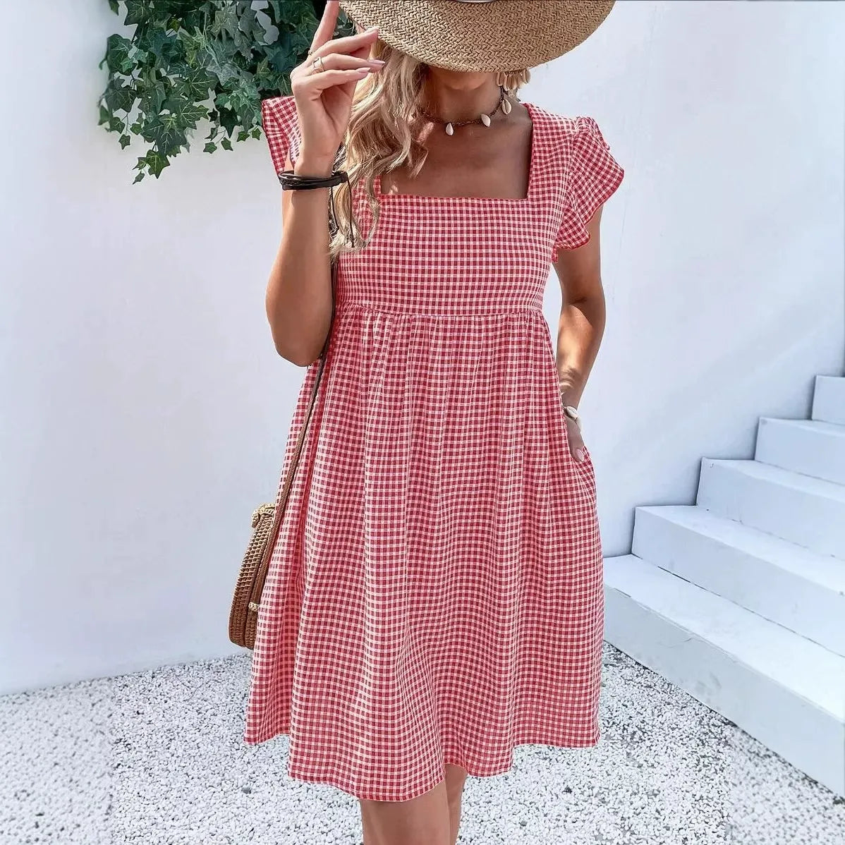 Stripe Short Sleeve Pocekts Mini Dress