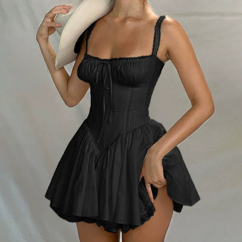 Lace Button Ruffles Mini Dress