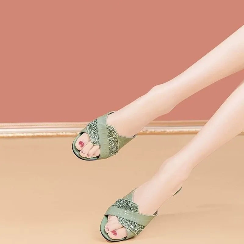 Women's Cowhide Diamond Round Toe High Summer Slippers