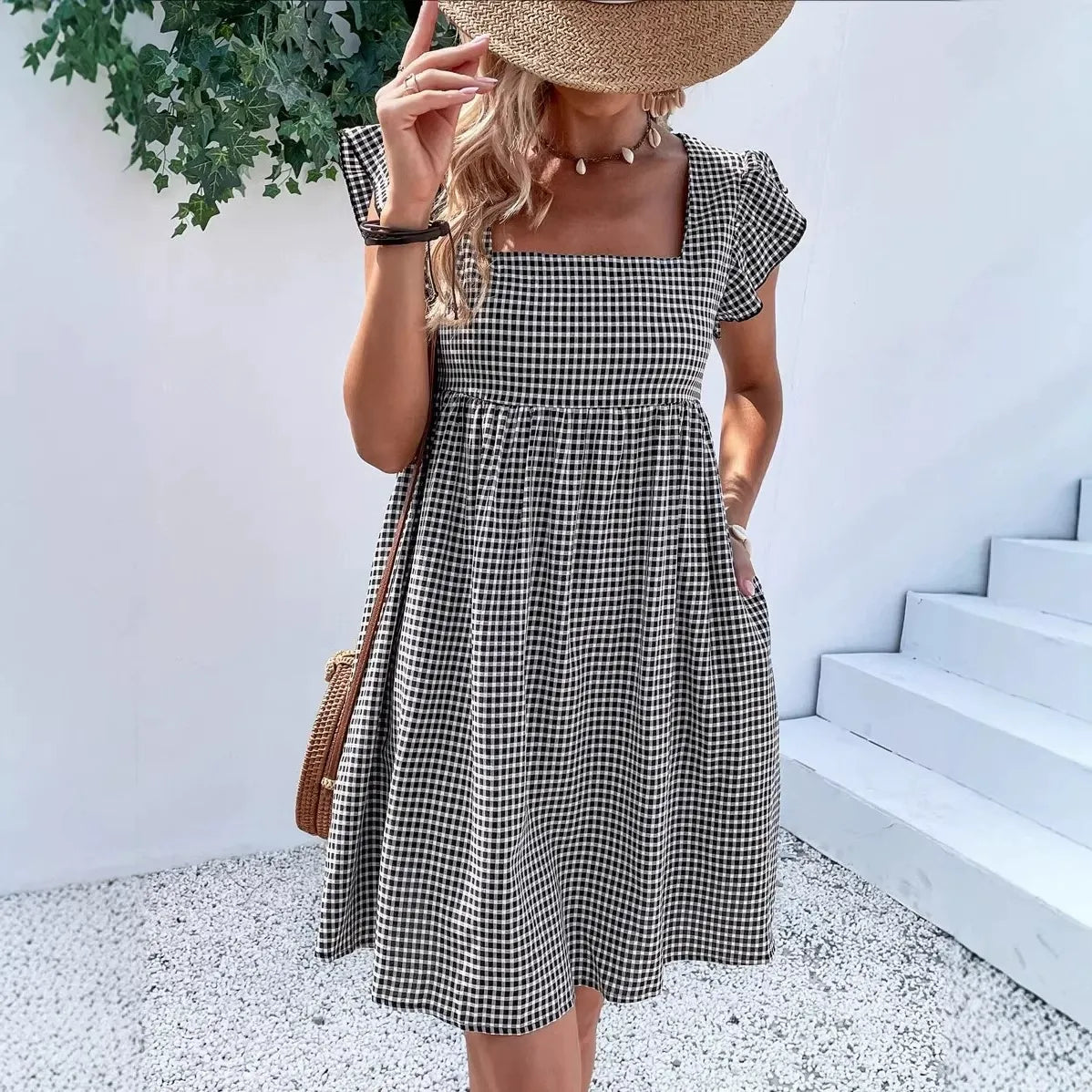 Stripe Short Sleeve Pocekts Mini Dress