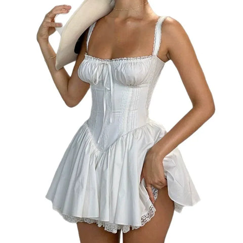 Lace Button Ruffles Mini Dress