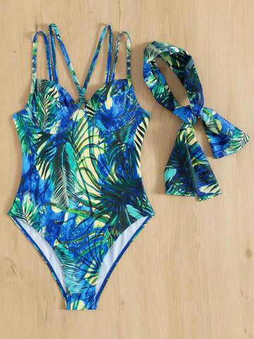 Contrast print cross front padded one piece swimwear