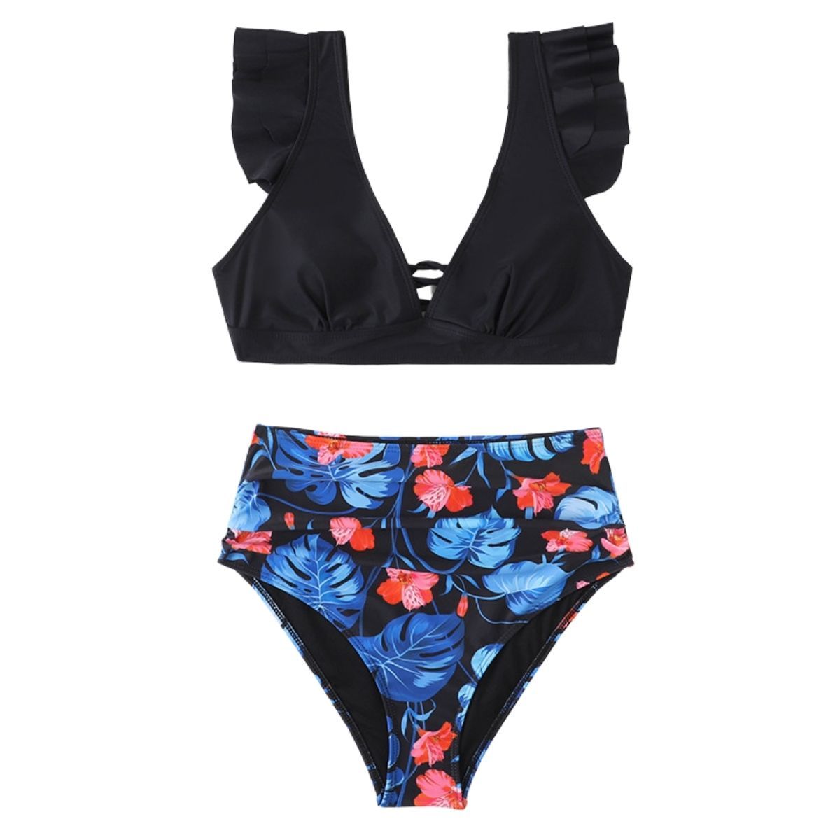 Cap sleeve contrast ruffle lace up leaf print bikini swimwear