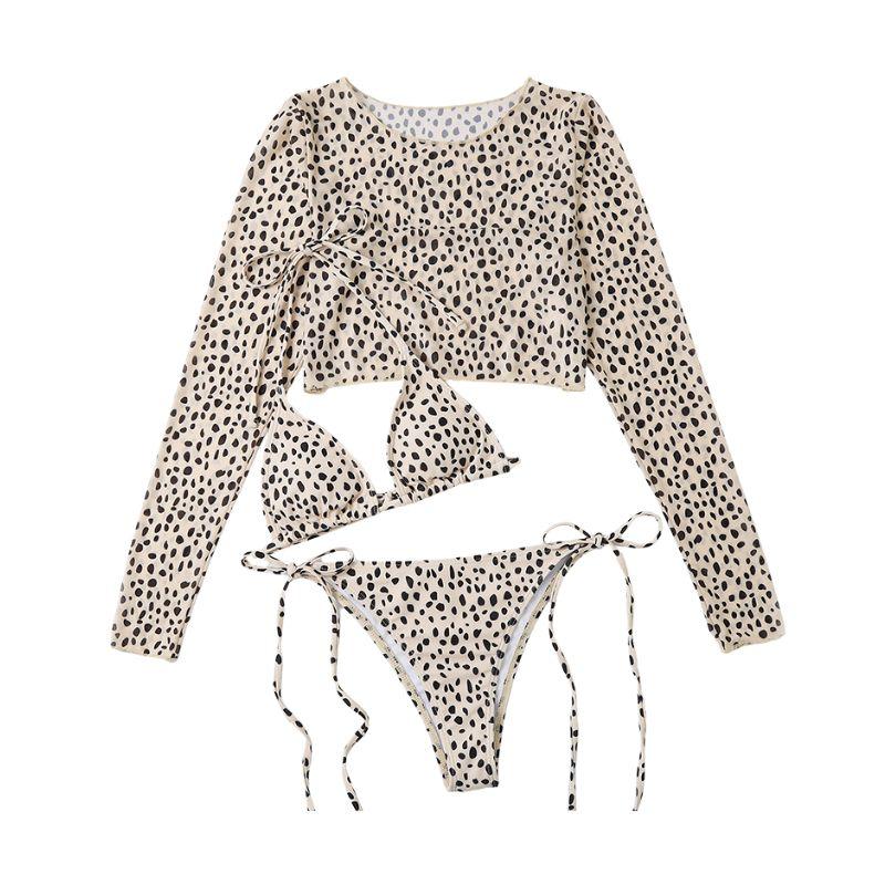 Leopard long sleeve self tie halter contrast 3 piece swimwear