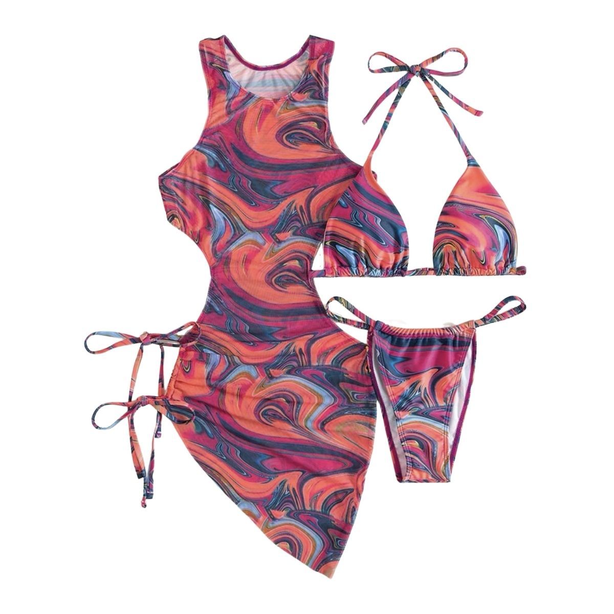 Contrast print mesh hollow out self tie halter 3 piece swimwear