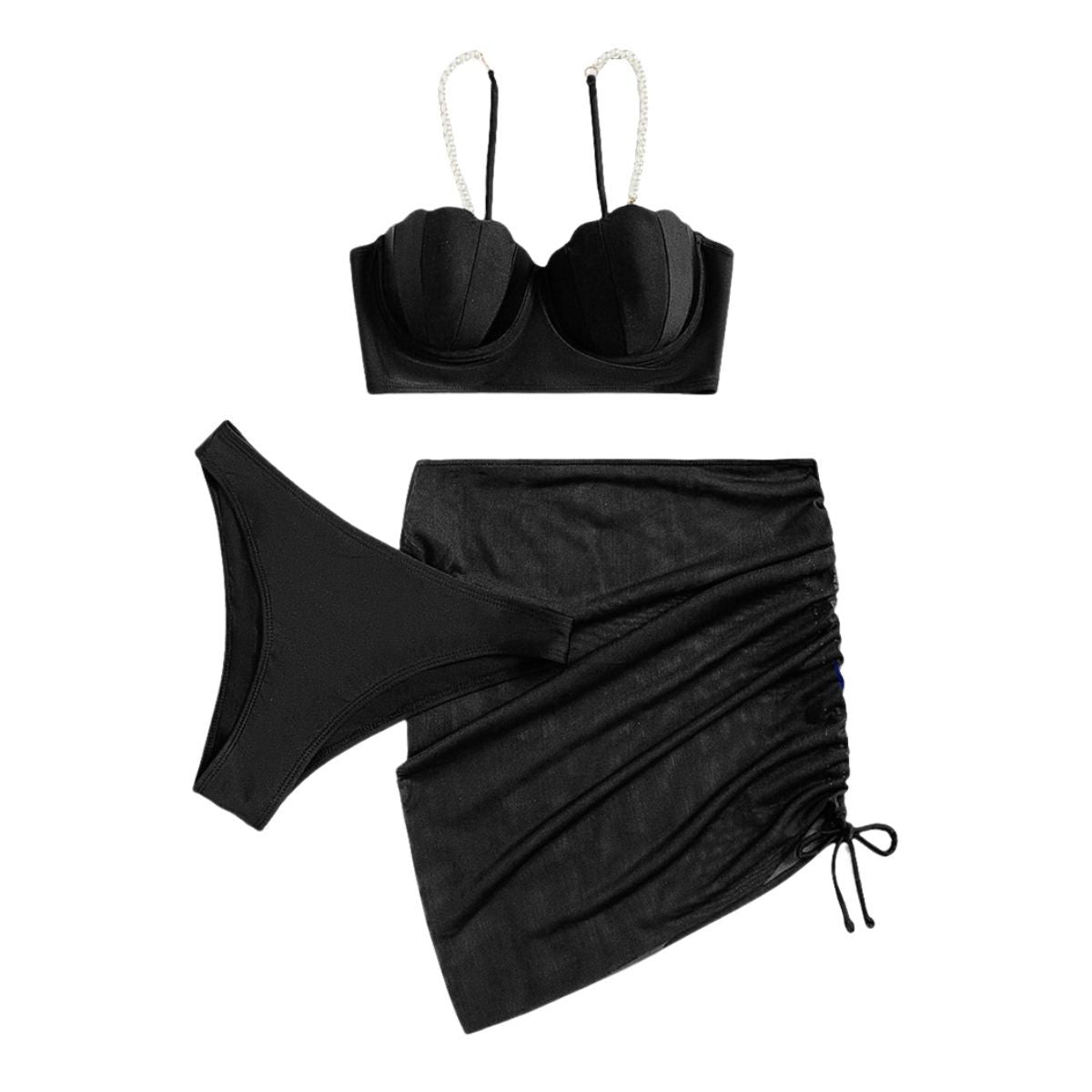 Mesh drawstring padded backless pearl 3 piece swimwear