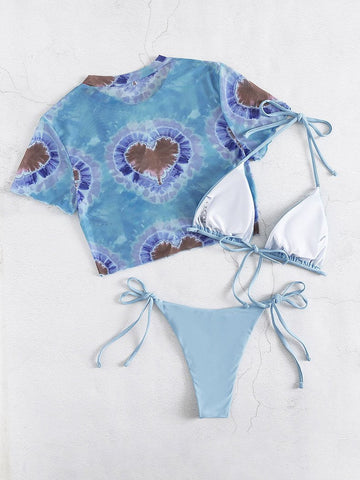 Mesh round neck tie dye self tie solid 3 piece swimwear