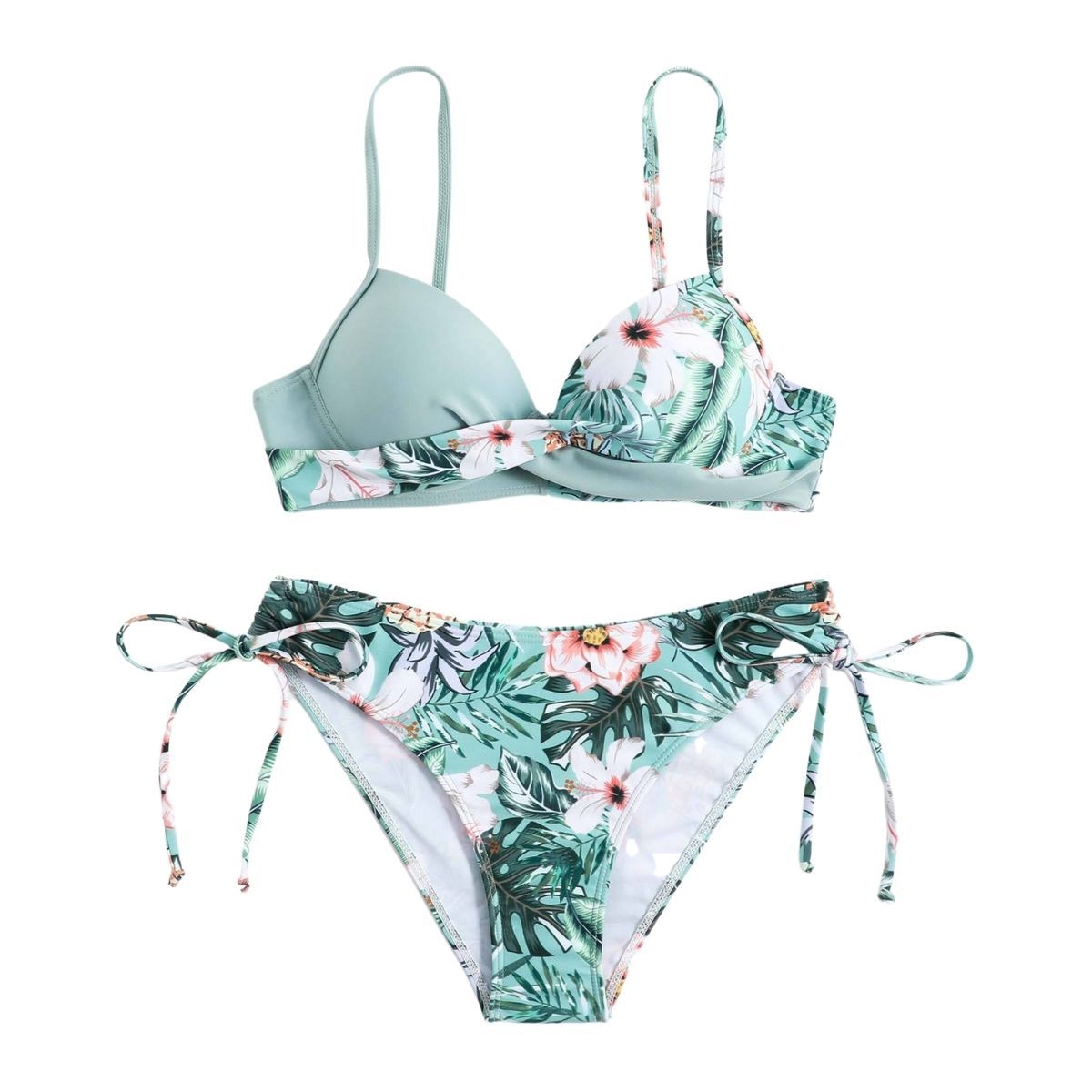 Flower print cross front padded self tie cami bikini swimwear