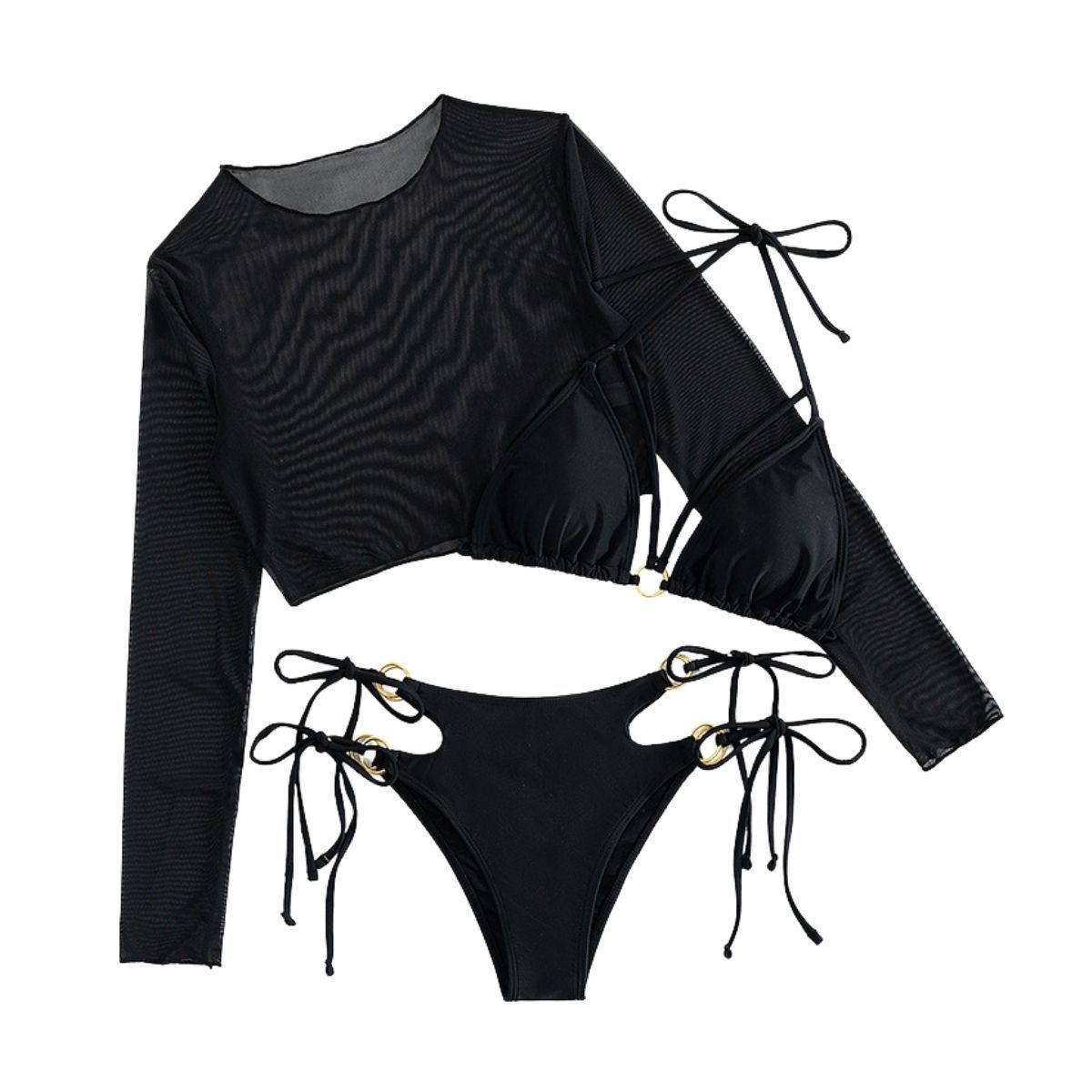 Mesh long sleeve o ring halter solid self tie 3 piece swimwear