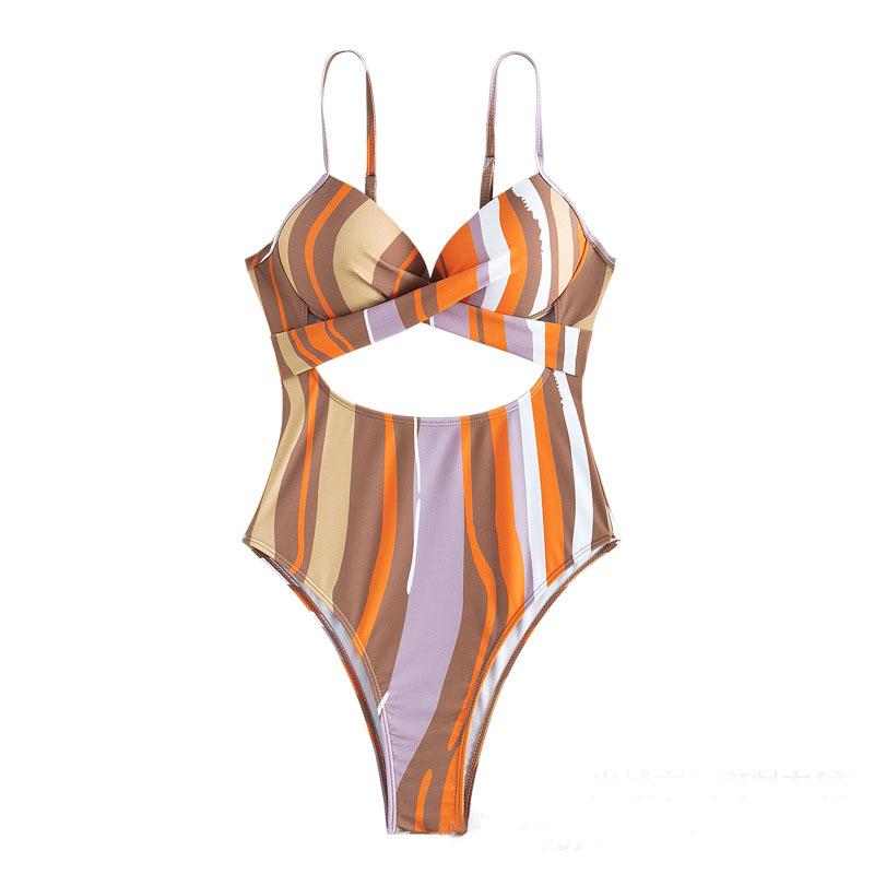 Contrast striped hollow out button padded one piece swimwear