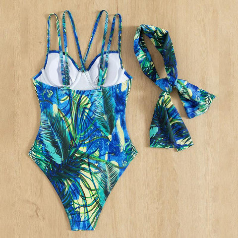 Contrast print cross front padded one piece swimwear