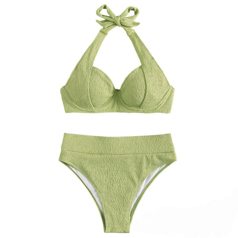 Solid textured halter self tie padded bikini swimwear