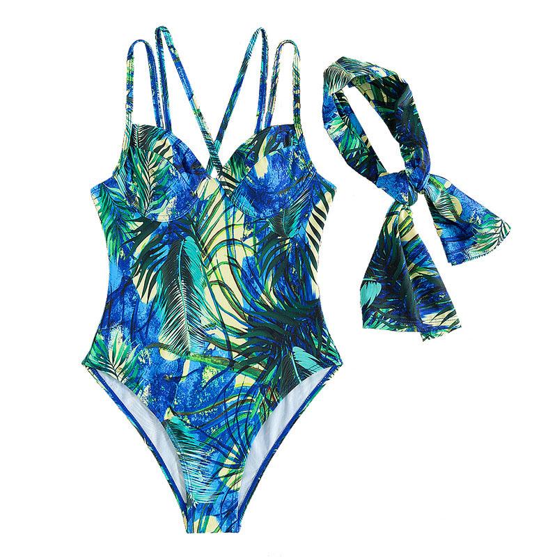 Contrast print cross front padded one piece swimwear